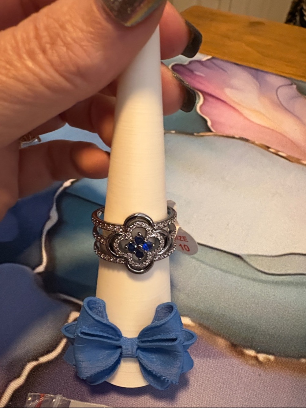 Laced In Lightning Blue Sapphire Floral Ring - Size 10 - Picture 2 of 5